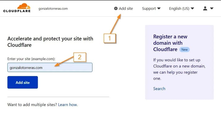 Step1: Click on add new site. Step 2: write your domain and click add site.